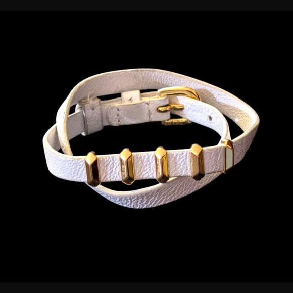 Stella & Dot Gold Tone Stud White Leather Wrap Bracelet 16" Long - Picture 1 of 11